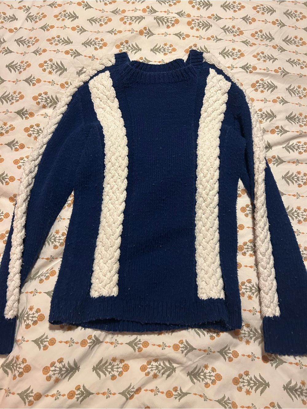 Vintage Hand Crafted Navy Sweater with Cream Cable Panels